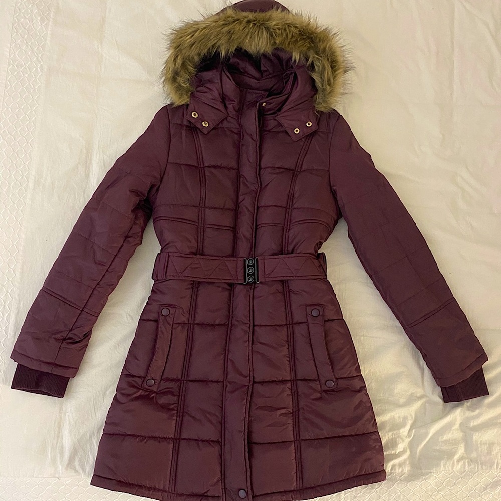Long Purple Puffer Coat Fur Hood